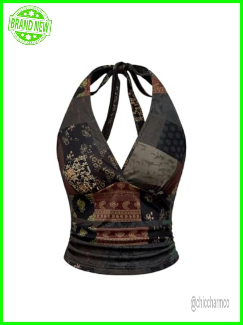 Boho V Neck Halter Crop Top Paisley Tie Knot Open Back Sleeveless Ruched